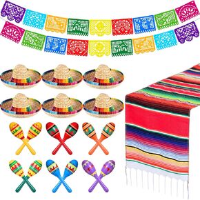 Civaner 20 Pcs Mexican Fiesta Party Decorations Christmas Tress Decor, 12 Mini Wooden Fiesta Maracas 6 Mini Sombrero Hats Mexican Serape Table Runner Papel Picado Banners for Mexican Theme Party Favor