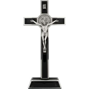 Standing Saint Benedict Medal Crucifix | Patron Saint of Students and Europe | Catholic Home Décor | Great Gift for Baptism, First Holy Communion, and Confirmation (Gold-Tone and Black)
