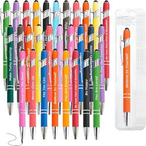 40 Pieces Inspirational Pens Kit - 20 Black Ink Pens Bulk, Bags Included - Motivational Pens Ballpoint with Stylus Tips - Christmas Pens Gifts Office School Supplies for Teachers Office Prizes