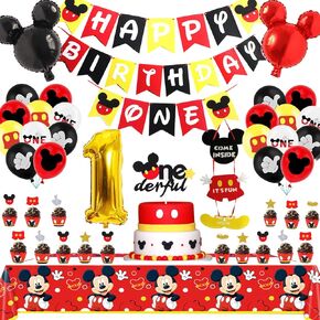 Cartoon Mouse 1st Birthday Party Decorations,One Year Theme Party Supplies Included Banner,Tablecloth,Latex Balloons,Foil Balloons,Cake Topper,Door Sign for First Year Old Boy Baby Shower Decorations