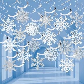30Pcs Winter Snowflake Hanging Swirl Decorations, White Silver Christmas Glitter Snowflake Hanging Swirls Ornaments Ceiling Streamers for Xmas Winter Wonderland Frozen New Year Birthday Party Supplies
