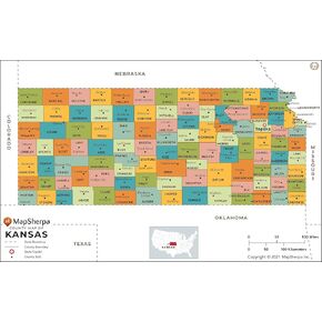Kansas Counties Map - Large - 48" x 30.25" Laminated