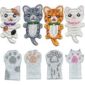 Embroidered Cat Paw Patches, Bundle 8Pcs Funny Small Cat and Paw Iron On Patch for Bags Hats Clothes Jacket Jeans Dress Backpacks