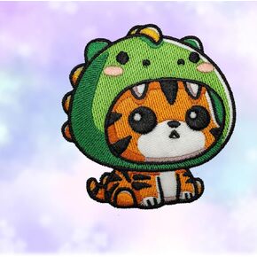 Ttiger Wearing a Dinosaur Head Patch for Clothing Styles Funny Patch Repair Embroidered Appliques for Clothes Sew on/Iron on Jackets Backpacks Hat Wallets, Clothes Dress Fabric for DIY Accessories