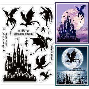 GLOBLELAND Vintage Castle Clear Stamps Medieval Style Western Dragon Transparent Stamps Text Silicone Clear Stamp Seals for DIY Scrapbooking Art Journals Decorative Cards Making