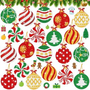 Skylety 20 Pcs Christmas Diamond Painting Ornaments Tags DIY Xmas Ball 5d Diamond Art Painting Key Chain for Christmas Tree Decor Hanging Handcraft Gift Wrap Tags with Ropes Holiday Party Decor