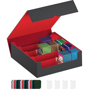 Trading Card Storage Box Holds Over 3000 Trading Cards 4 Rows of Mtg Card Box Holds with Mounted Card Holder and 24 Colourful Divider Tabs Magic Card Organizer for MTG,TCG and Sports Cards, Red