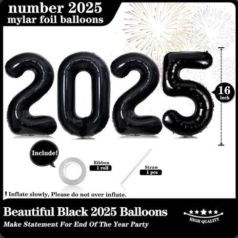 16 Inch Black Number 2025 Balloons, Big 2025 Number Balloons New Year Foil Black Balloons for 2025 Happy New Year Eve Celebration Decorations Party Supplies New Years 2025 Balloons Black in Saudi Arabia