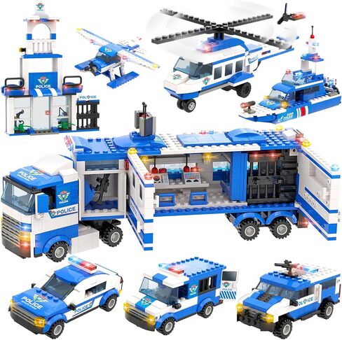 مجموعة بناء مركز شرطة المدينة من اكسيرسيس اند بلاي، 1039 قطعة، لعبة بناء مركز قيادة متنقل 8 في 1 مع سيارة شرطي وطائرة هليكوبتر وقارب، افضل لعبة تعليمية للعب الادوار ستيم للاولاد والبنات من سن 6-12 in Kuwait