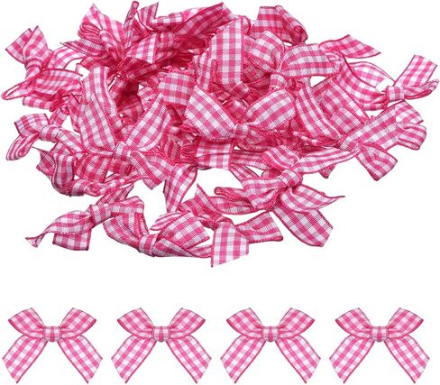 MECCANIXITY 50Pcs Mini Gingham Ribbon Bow Checkered Fabric Satin Ribbon Flower Bows for Craft DIY Sewing Wedding Birthday Party Deep Pink and White in Saudi Arabia