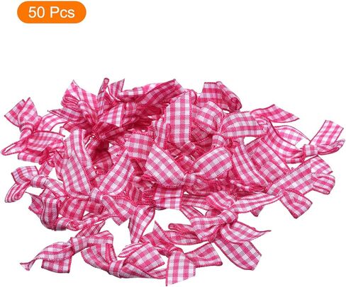 MECCANIXITY 50Pcs Mini Gingham Ribbon Bow Checkered Fabric Satin Ribbon Flower Bows for Craft DIY Sewing Wedding Birthday Party Deep Pink and White in Saudi Arabia