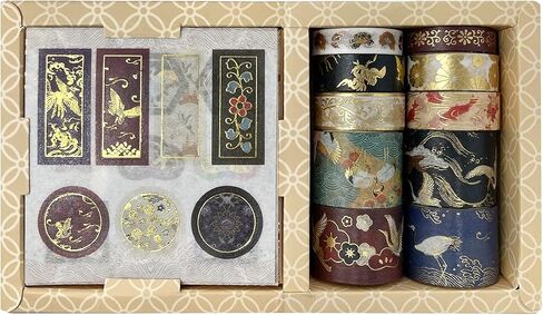 allydrew Decorative Gold Foil Washi Tape and Sticker Set for Stationery, Diary, Card Making (10 Rolls & 10 Sheets), Cranes Floral in Kuwait