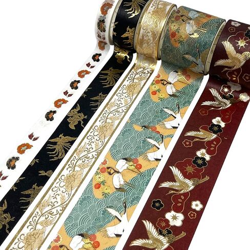 allydrew Decorative Gold Foil Washi Tape and Sticker Set for Stationery, Diary, Card Making (10 Rolls & 10 Sheets), Cranes Floral in Kuwait