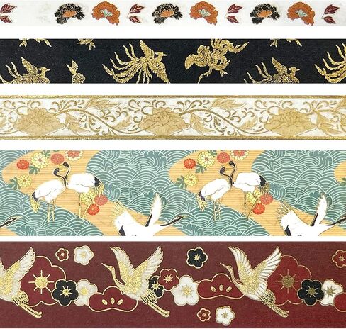 allydrew Decorative Gold Foil Washi Tape and Sticker Set for Stationery, Diary, Card Making (10 Rolls & 10 Sheets), Cranes Floral in Kuwait