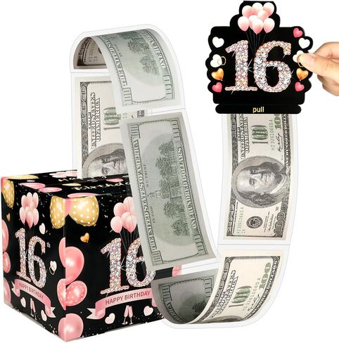 Birthday Money Box with 100 Cash Bags,Black Gold Surprise Birthday Gift Box for Girls Boys,Loving Way to Offer Cash Gift Pull,Birthday Party Decorations Supplies (Pink+Black,16th) in Kuwait