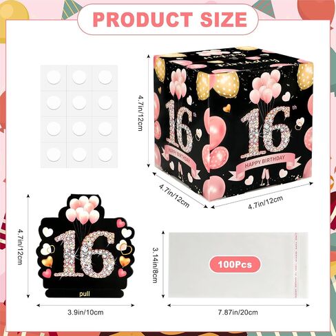 Birthday Money Box with 100 Cash Bags,Black Gold Surprise Birthday Gift Box for Girls Boys,Loving Way to Offer Cash Gift Pull,Birthday Party Decorations Supplies (Pink+Black,16th) in Kuwait