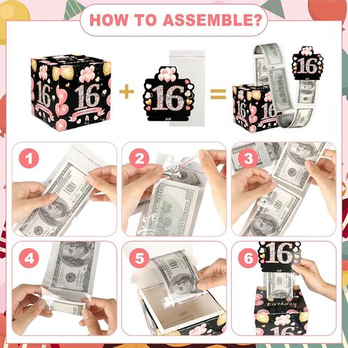 Birthday Money Box with 100 Cash Bags,Black Gold Surprise Birthday Gift Box for Girls Boys,Loving Way to Offer Cash Gift Pull,Birthday Party Decorations Supplies (Pink+Black,16th) in Kuwait