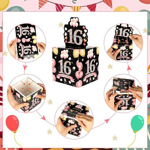 Birthday Money Box with 100 Cash Bags,Black Gold Surprise Birthday Gift Box for Girls Boys,Loving Way to Offer Cash Gift Pull,Birthday Party Decorations Supplies (Pink+Black,16th) in Kuwait
