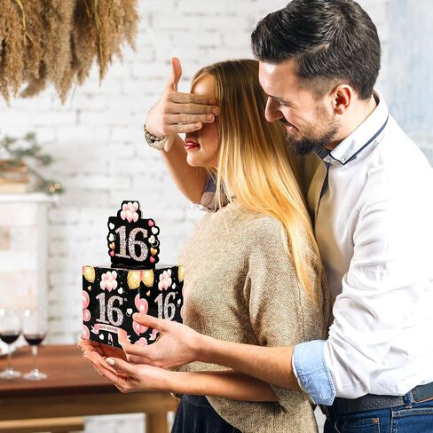 Birthday Money Box with 100 Cash Bags,Black Gold Surprise Birthday Gift Box for Girls Boys,Loving Way to Offer Cash Gift Pull,Birthday Party Decorations Supplies (Pink+Black,16th) in Kuwait