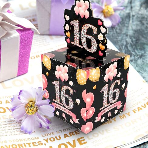 Birthday Money Box with 100 Cash Bags,Black Gold Surprise Birthday Gift Box for Girls Boys,Loving Way to Offer Cash Gift Pull,Birthday Party Decorations Supplies (Pink+Black,16th) in Kuwait