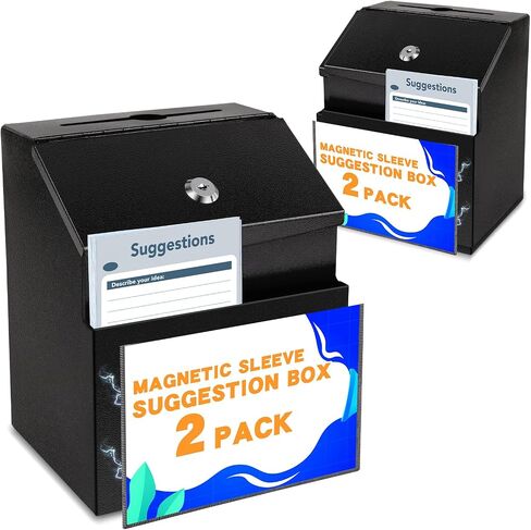 LINSIRON Suggestion Box with Lock for Office & Hotel - Includes 50 Free Cards, Black Metal Donation Box, Cash box,Ballot box, Secure Wall Mounted in Saudi Arabia