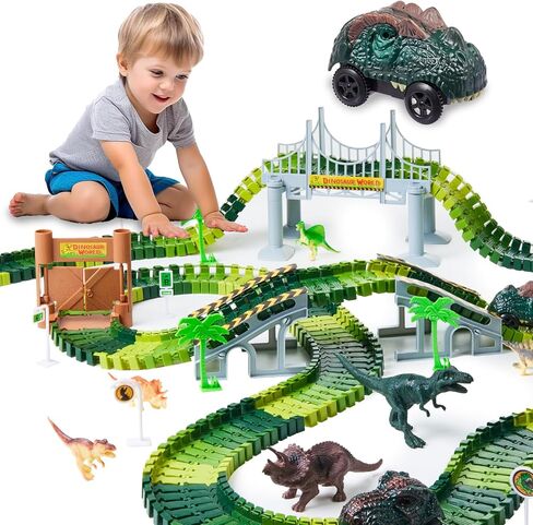 288 PCS Dinosaur Race Car Track Toys, Flexible Dinosaur Track Toy Set, Birthday Dinosaur Toys Gifts for 3 4 5 6 7 Years Old Boys Girls, 3 Year Old boy Birthday Gift in Saudi Arabia