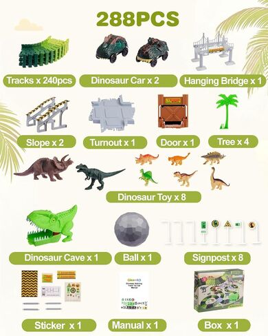 288 PCS Dinosaur Race Car Track Toys, Flexible Dinosaur Track Toy Set, Birthday Dinosaur Toys Gifts for 3 4 5 6 7 Years Old Boys Girls, 3 Year Old boy Birthday Gift in Saudi Arabia