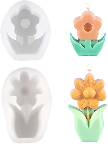 Glimmery 2Pcs 3D Flower Candle Silicone Molds, Daisy Sunflower Resin Soap Mold, Tulip Epoxy Resin Casting Molds, for Chocolate Fondant DIY Wax Aromatherapy Home Decor (C) in Saudi Arabia