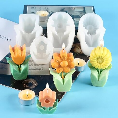 Glimmery 2Pcs 3D Flower Candle Silicone Molds, Daisy Sunflower Resin Soap Mold, Tulip Epoxy Resin Casting Molds, for Chocolate Fondant DIY Wax Aromatherapy Home Decor (C) in Saudi Arabia