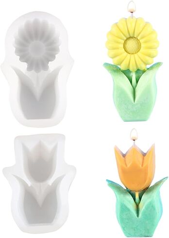 Glimmery 2Pcs 3D Flower Candle Silicone Molds, Daisy Sunflower Resin Soap Mold, Tulip Epoxy Resin Casting Molds, for Chocolate Fondant DIY Wax Aromatherapy Home Decor (C) in Saudi Arabia