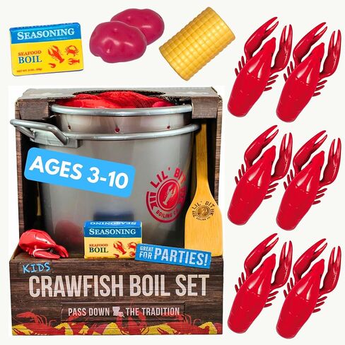 Lil' Bit Boiling Co. Kids Louisiana Crawfish Boil Playset - Toy Food Kitchen Set for Children with Pot, Strainer, Wooden Paddle and Accessories in Saudi Arabia