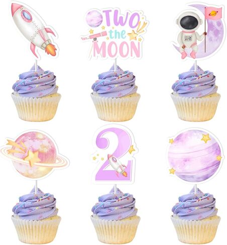 Jollyboom Two The Moon Birthday Decorations Cupcake Toppers, Outer Space 2nd Birthday Party Decoration Cupcake Topper Pink Planet Rocket for Girl Galaxy Solar System Birthday Party in Kuwait