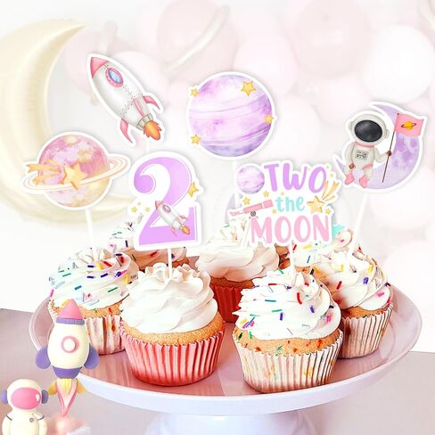 Jollyboom Two The Moon Birthday Decorations Cupcake Toppers, Outer Space 2nd Birthday Party Decoration Cupcake Topper Pink Planet Rocket for Girl Galaxy Solar System Birthday Party in Kuwait