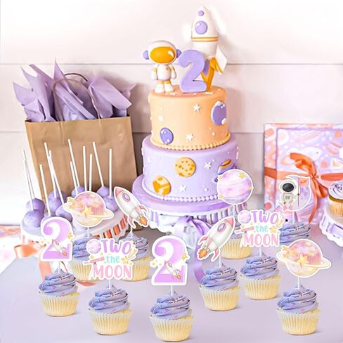 Jollyboom Two The Moon Birthday Decorations Cupcake Toppers, Outer Space 2nd Birthday Party Decoration Cupcake Topper Pink Planet Rocket for Girl Galaxy Solar System Birthday Party in Kuwait