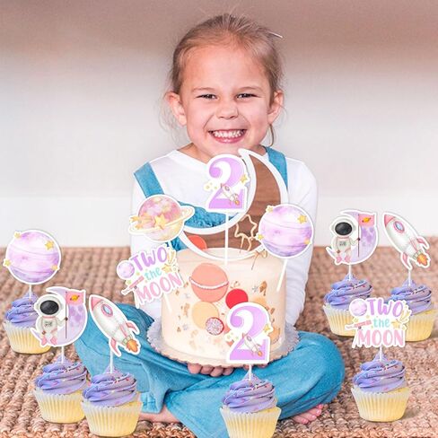 Jollyboom Two The Moon Birthday Decorations Cupcake Toppers, Outer Space 2nd Birthday Party Decoration Cupcake Topper Pink Planet Rocket for Girl Galaxy Solar System Birthday Party in Kuwait