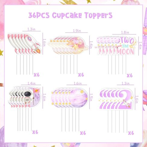 Jollyboom Two The Moon Birthday Decorations Cupcake Toppers, Outer Space 2nd Birthday Party Decoration Cupcake Topper Pink Planet Rocket for Girl Galaxy Solar System Birthday Party in Kuwait