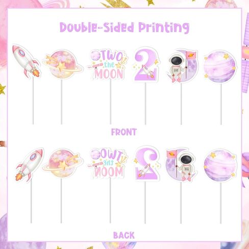Jollyboom Two The Moon Birthday Decorations Cupcake Toppers, Outer Space 2nd Birthday Party Decoration Cupcake Topper Pink Planet Rocket for Girl Galaxy Solar System Birthday Party in Kuwait