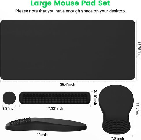 MEKASS Desk Mat Set, Large Mouse Pad and Keyboard Wrist Rest with Memory Foam & Non-Slip Base, 4-in-1 Ergonomic Mouse Pad Set, Computer Desk Pad Set with Coaster for Home Office (Black) in Saudi Arabia