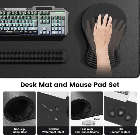 MEKASS Desk Mat Set, Large Mouse Pad and Keyboard Wrist Rest with Memory Foam & Non-Slip Base, 4-in-1 Ergonomic Mouse Pad Set, Computer Desk Pad Set with Coaster for Home Office (Black) in Saudi Arabia