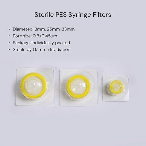 10PCS Syringe Filter PES Hydrophilic Filtration Sterile Lab Filters 0.22μm 25mm Membrane Diameter Individually Packed Yellow in Saudi Arabia