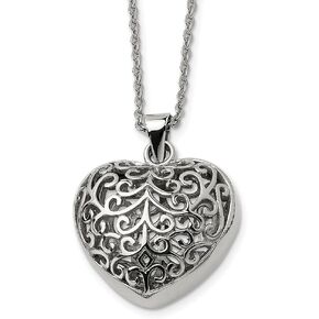 The Black Bow Stainless Steel Large Filigree Puffed Heart Necklace, 22 Inch