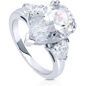BERRICLE Sterling Silver 3-Stone Wedding Engagement Rings Pear Cut Cubic Zirconia CZ Statement Cocktail Anniversary Ring for Women, Rhodium Plated Size 4-10