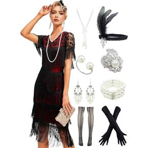 1920s Flapper V Neck Sequin Beaded Roaring 20s Gatsby Fringe Party Dress w/ 20s Costume Accessories Set