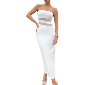 Floerns Women's Contrast Mesh Strapless Tube Evening Party Bodycon Long Dress