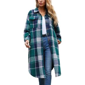 happlan Women's Plaid Shacket Casual Flannel Shirt Jacket Loose Lapel Wool Blend Coat Oversized