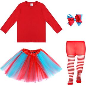 Mepase 4 Pcs Tulle Tutu Costume Accessories Set Christmas for Girls Long Sleeve T Shirt Tutu Skirt Striped Tights Hair Bows
