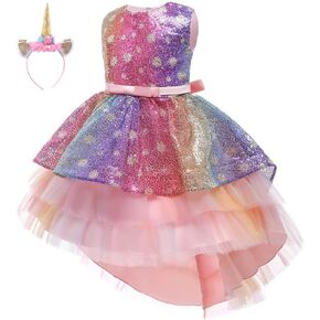 HIHCBF Girls Unicorn Costume Halloween Christmas Sequins Princess High Low Tulle Dress Wedding Birthday Party Gown w/Headband