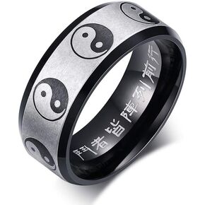 Yin Yang Rings Band for Men Women Stainless Steel Black Chinese Taoist Nine Syllable Mantra Ring Matted Finshed Tai Chi Band Yin and Yang Ring Mid Finger Knuckle Ba Gua Feng Shui Dainty Jewelry Beveled Edge Cool Punk Hypoallergenic Size 5-13