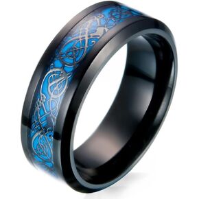JAJAFOOK Men's 8mm Black Carbon Fiber Celtic Dragon Blue Luminous Effect Ring Band Glow in The Dark
