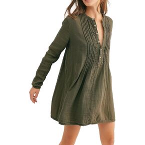 R.Vivimos Women's Tunic Dress Fall Linen Button Down Long Sleeves Casual Mini Shirt Dress